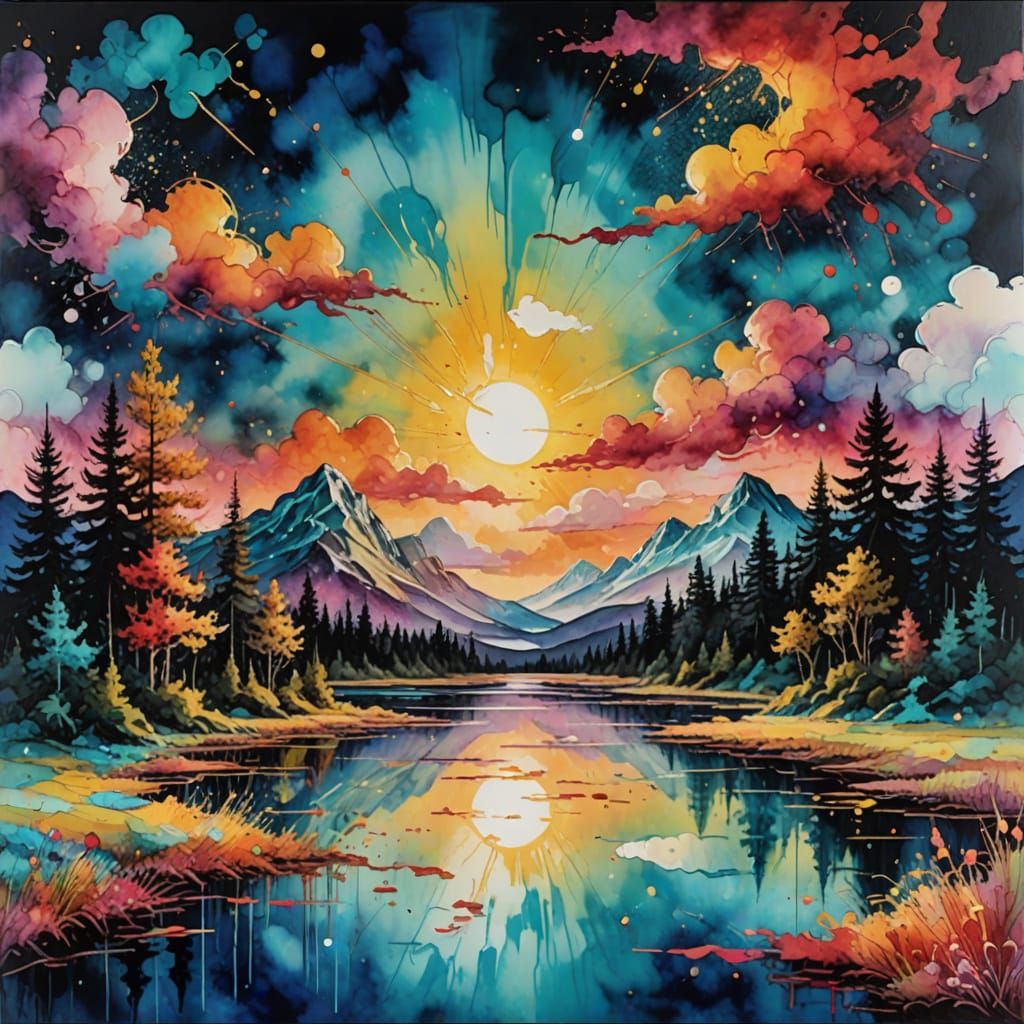 Sunrise Over Crystal Lake: Watercolor and Ink