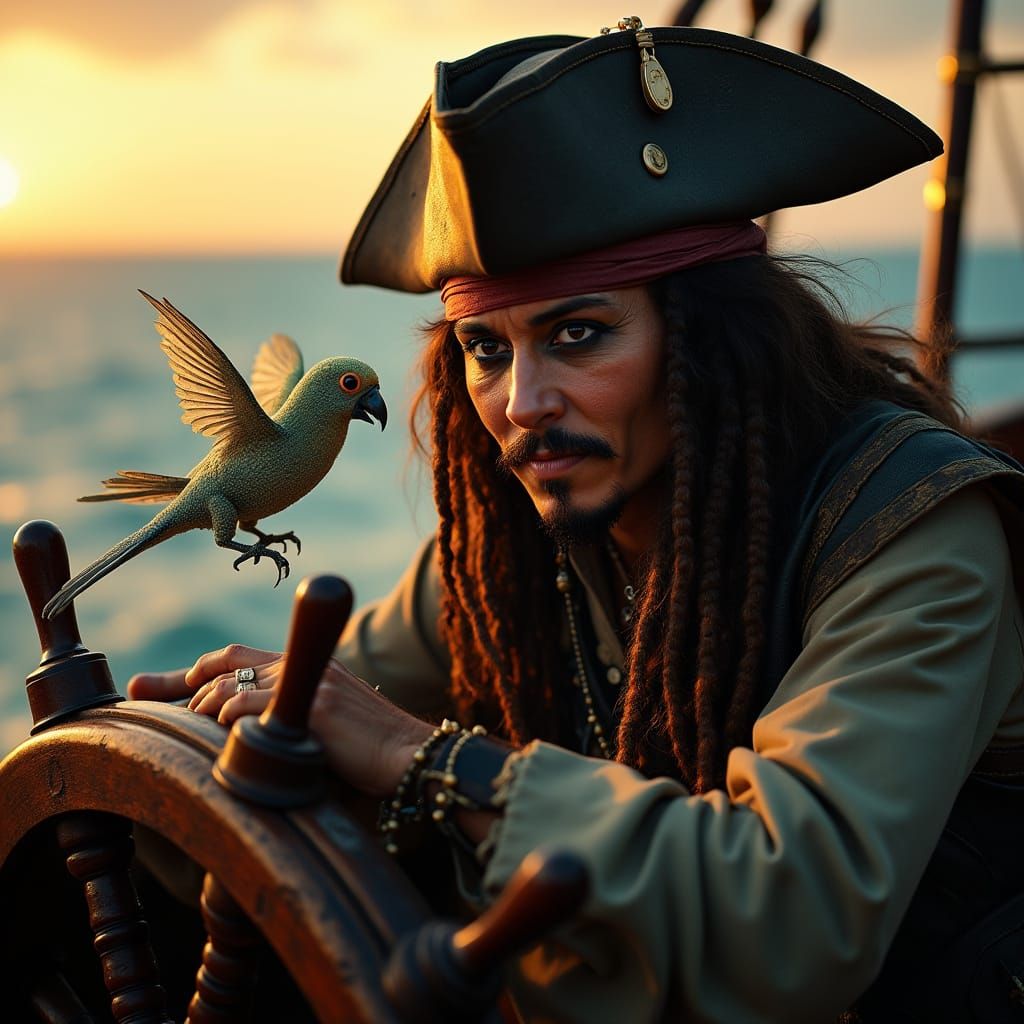 Futuristic Captain Jack Sparrow Deepfake in Golden-Hour Cari...