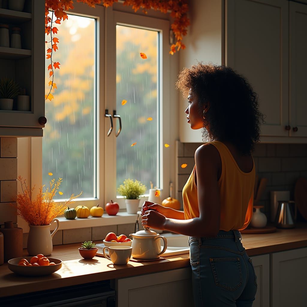 Cozy Autumn Kitchen Scene: A Woman's Quiet Moment