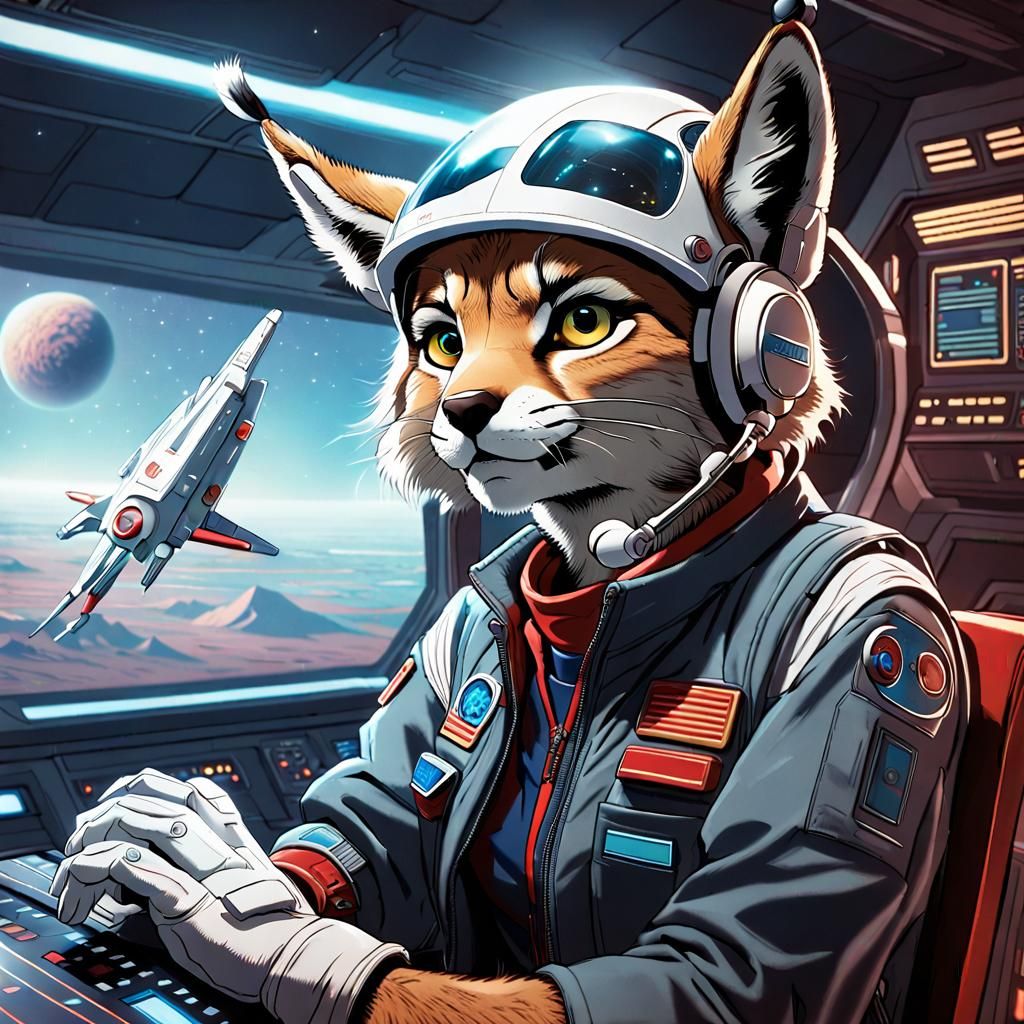 Retro Cartoon Lynx Pilot in Space Jet