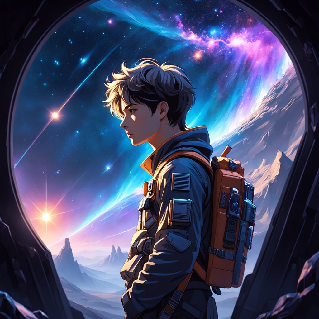 Explorer Contemplates Cosmic Vista in Visionary Art Style