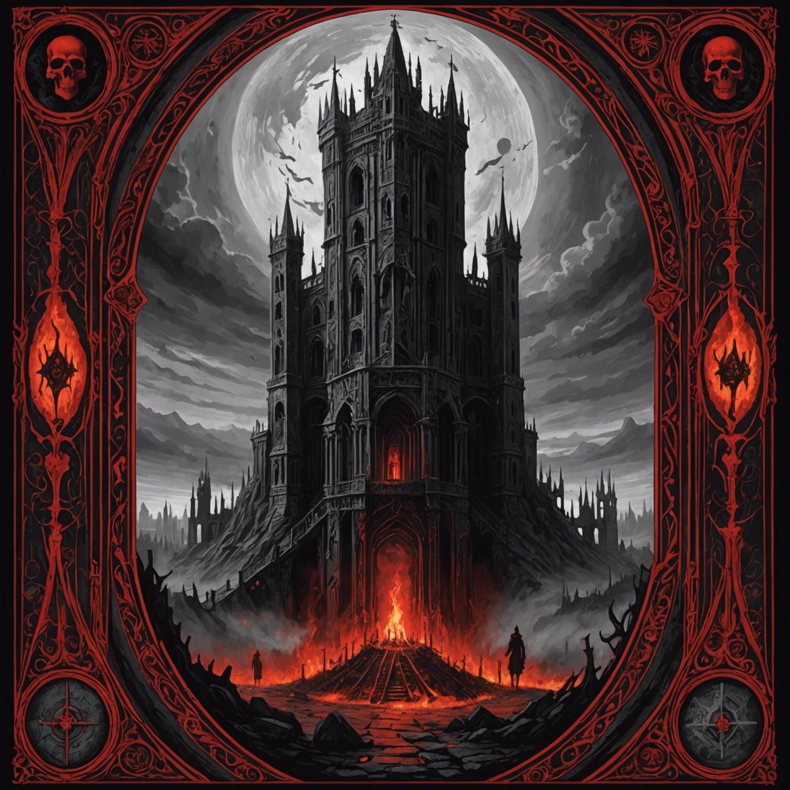 The Tower Tarot Card: Skeleton and Fire