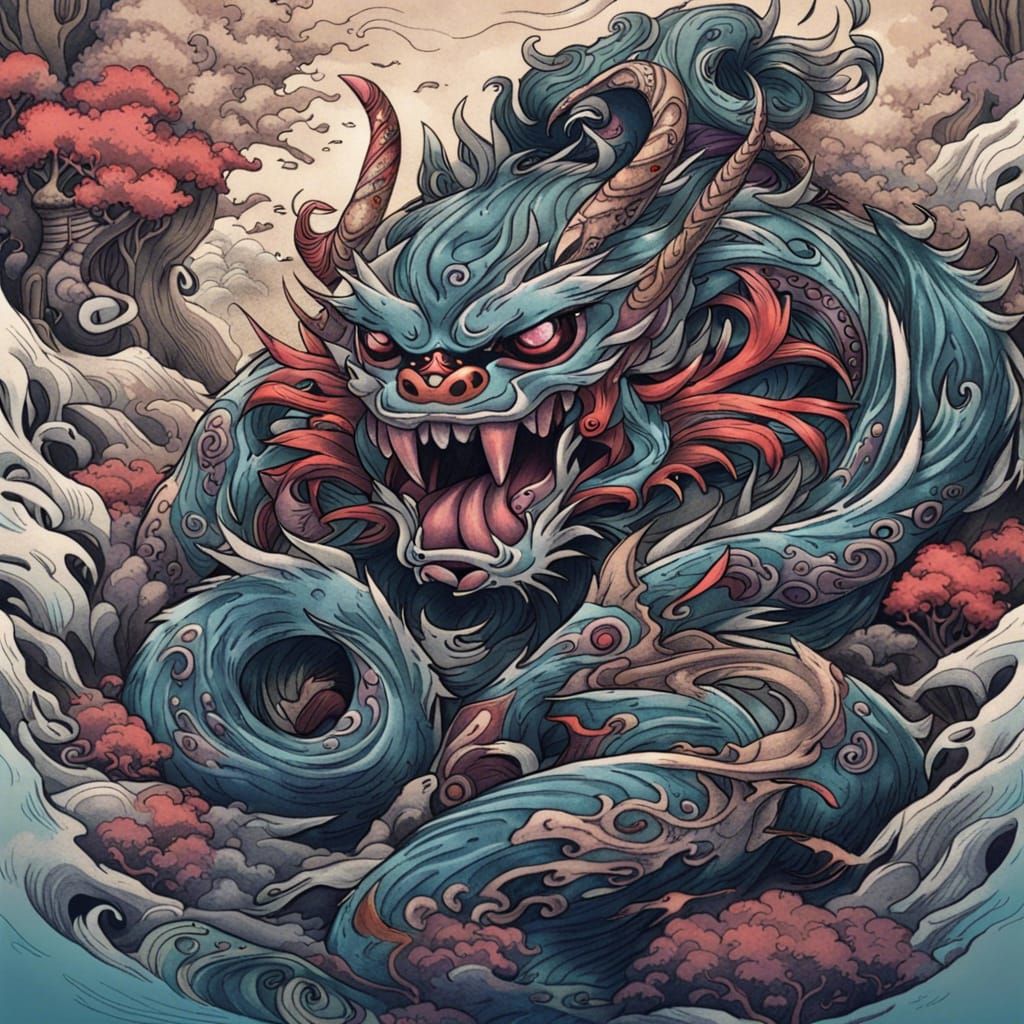 Detailed Yokai Tattoo Sketch: Fantasy Concept Art