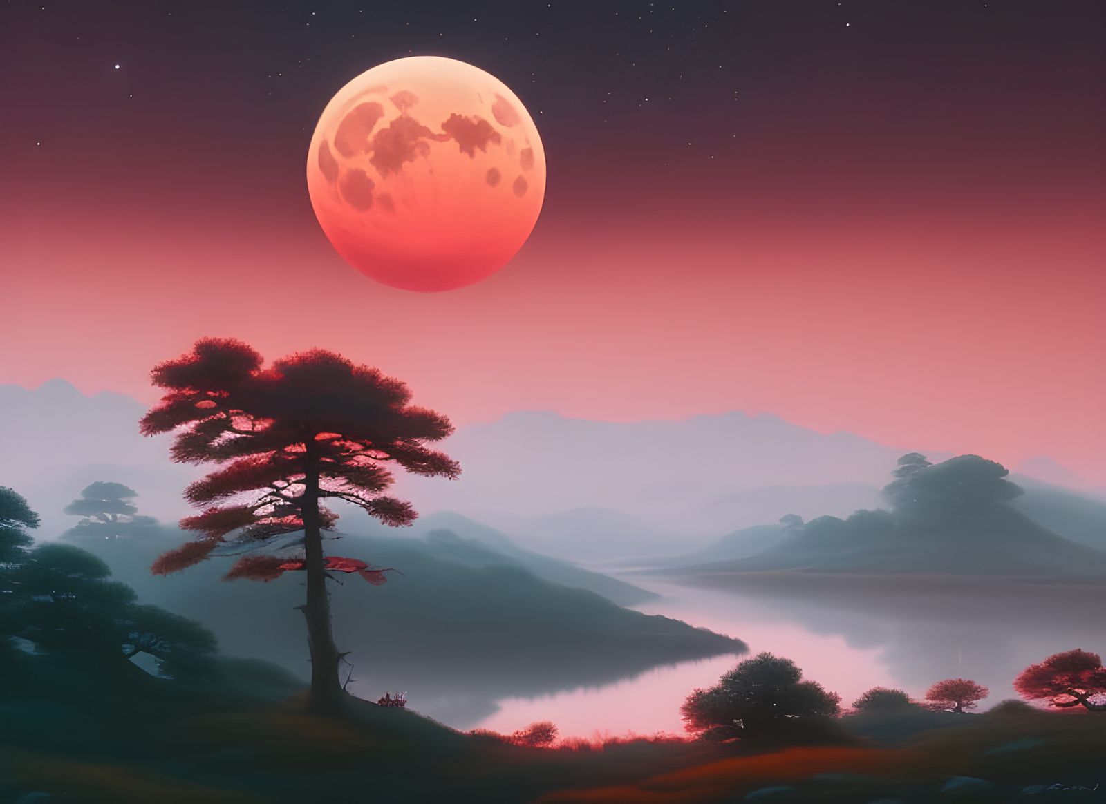 Fantasy Landscape with Red Moon in Photorealistic Style