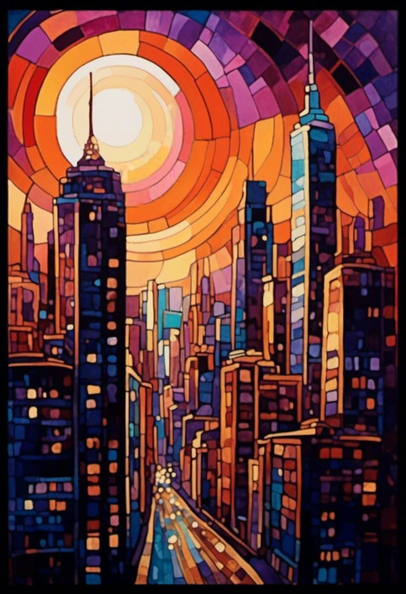 Vibrant Cityscape Oil Painting at Dusk