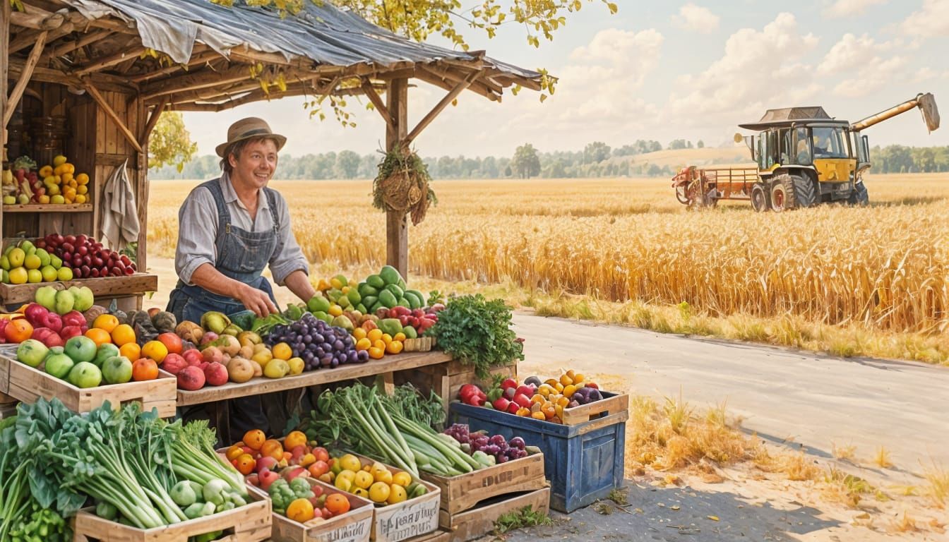 Farmer's Kiosk Overflowing With Produce in Autumn Daylight