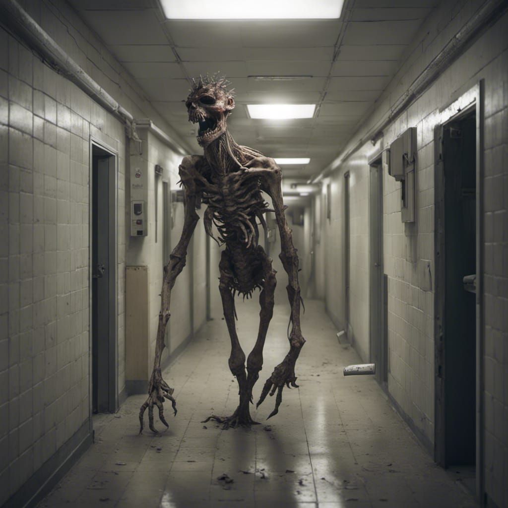 Scary Monster Crawling in Abandoned Hospital Hallway