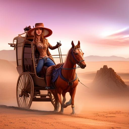 Cowgirl driving stagecoach in desert