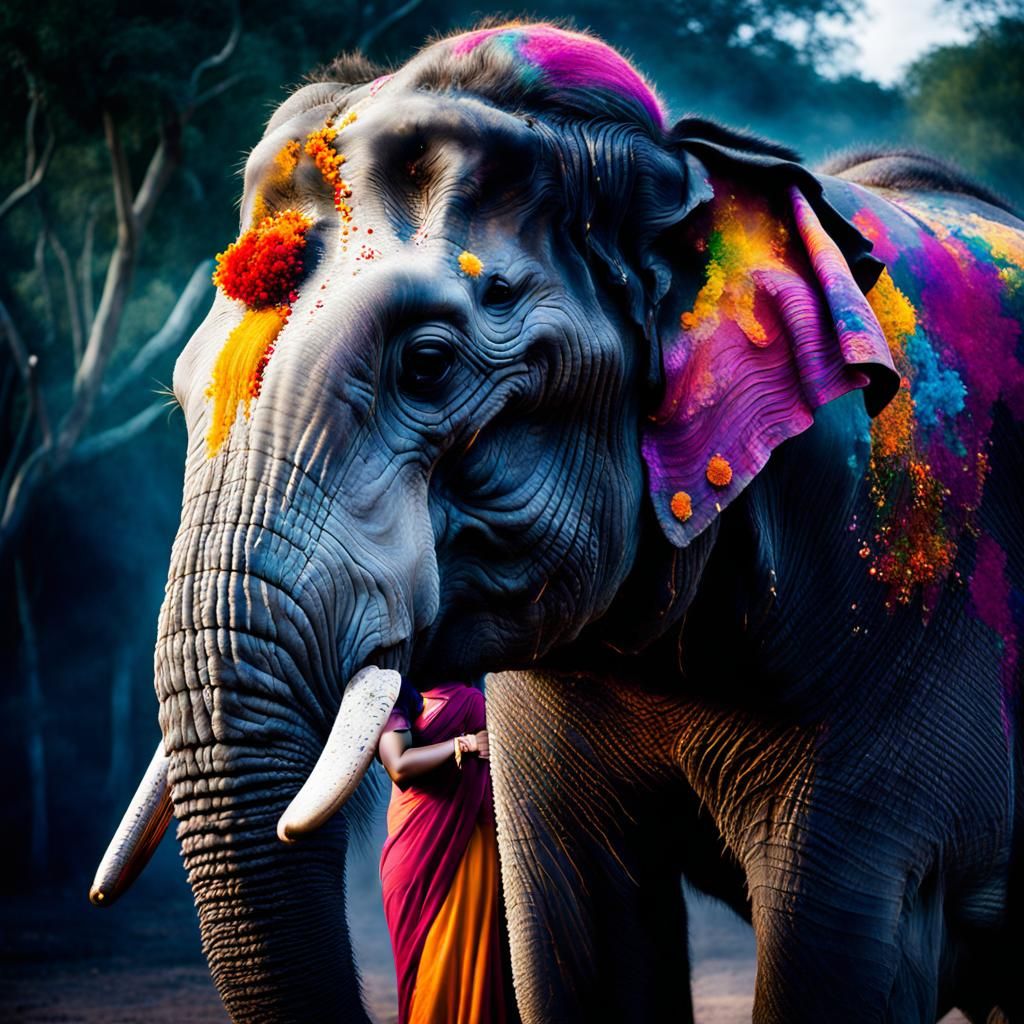 Decorated Elephant Celebrates Holi in Jungle