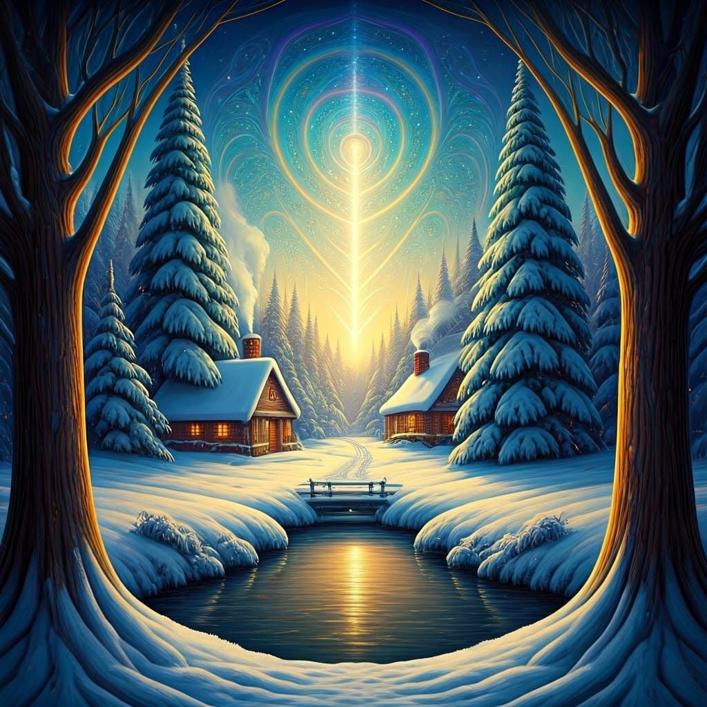 Winter Village Scene with Pine Trees and Frozen Pond in Holo...