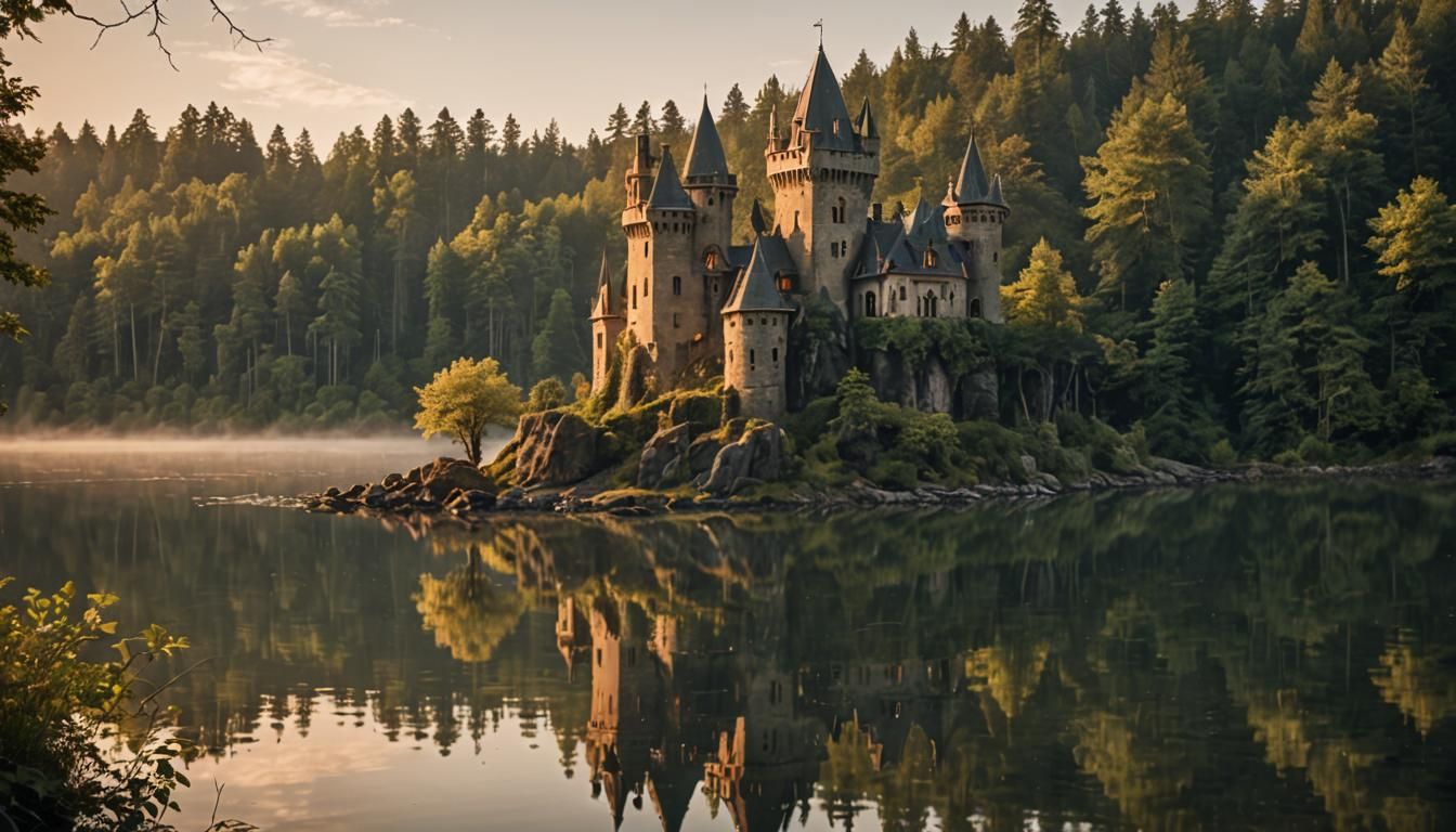 Elven Castle on Island in Lake: Landscape Photography