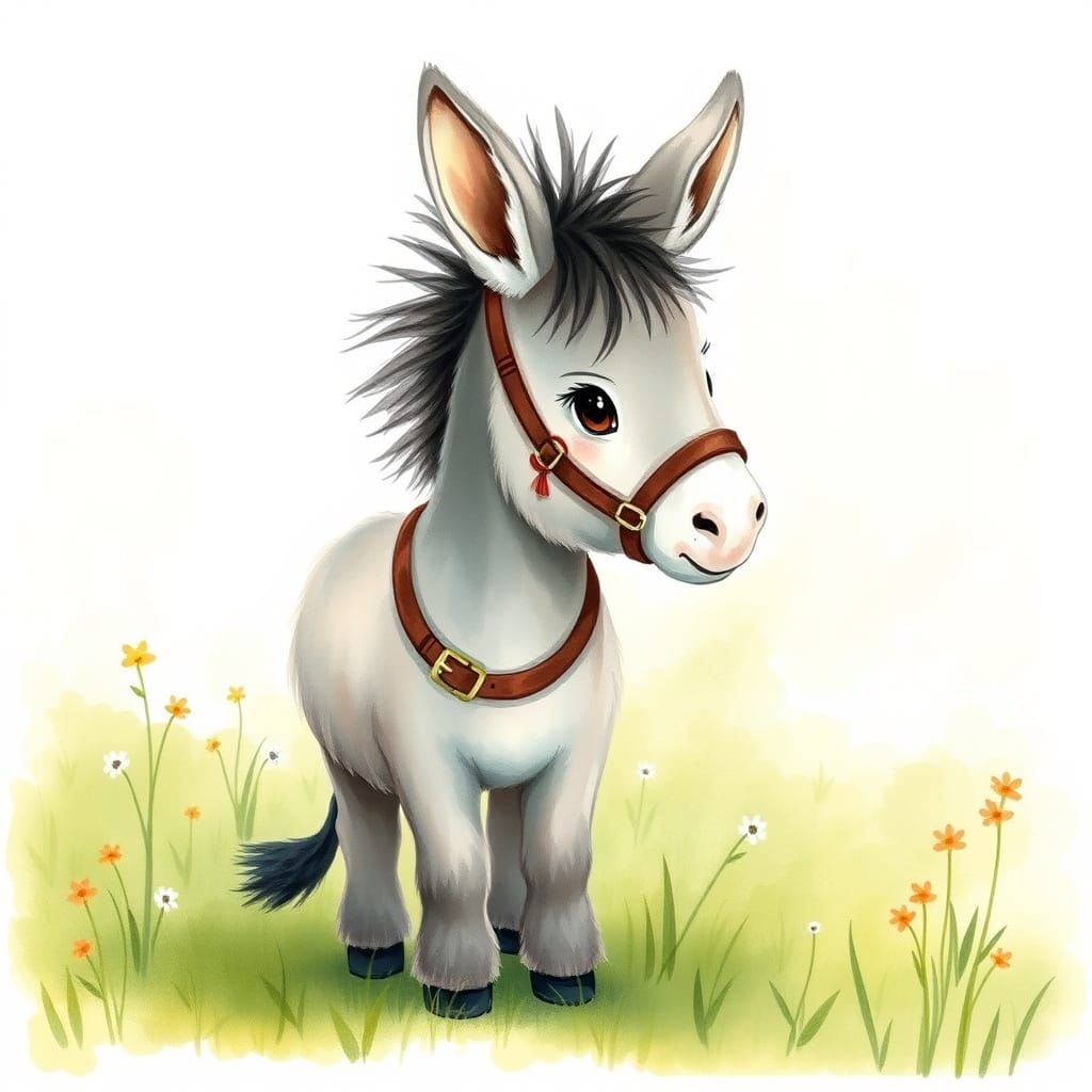 Fluffy Donkey in Meadow, Watercolor Illustration