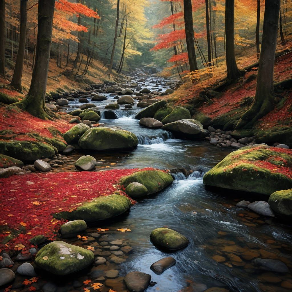 Autumn Forest Stream Serenity in Watercolor Style