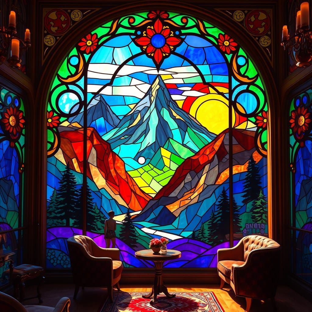 Stained Glass Mountain Scene in 1920s Lounge