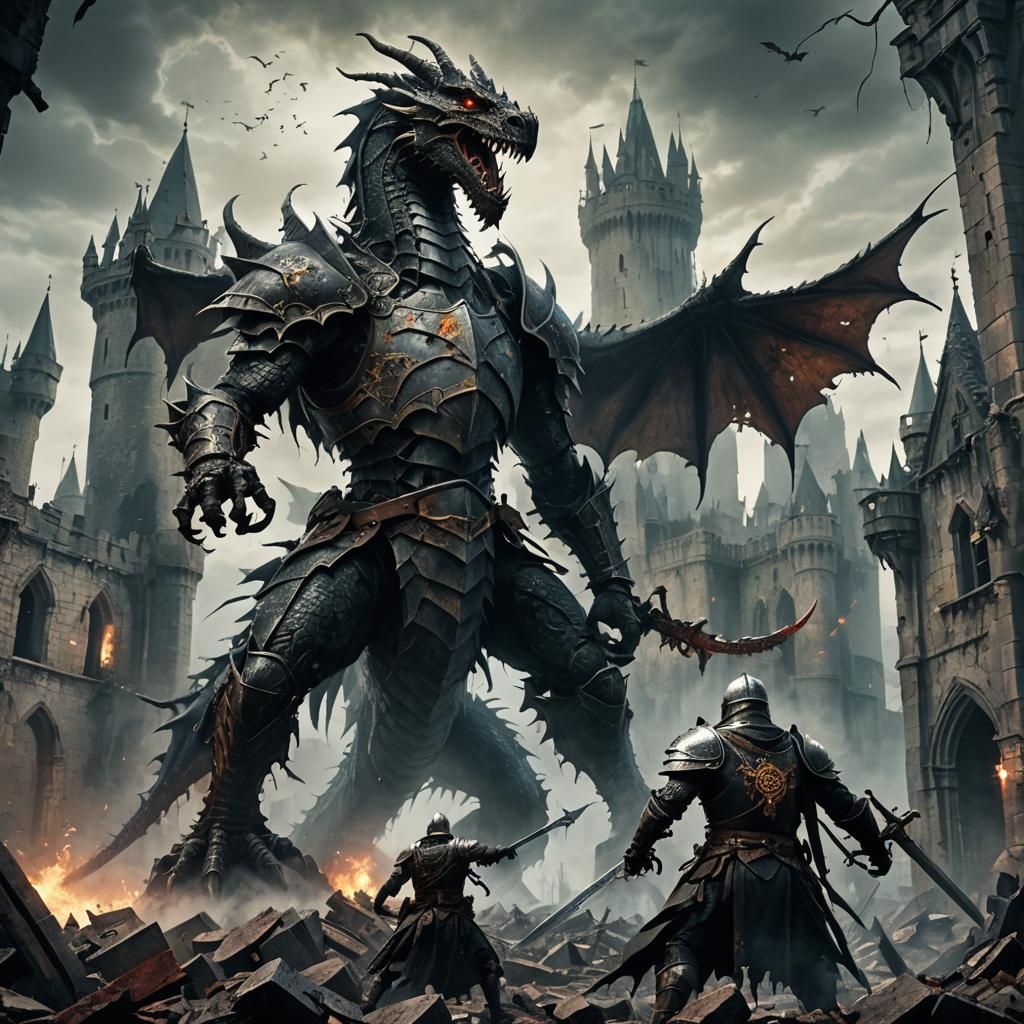 Zombie Dragon and Knight Battle in Gothic Art