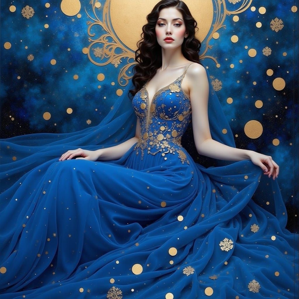 Ethereal Beauty in Blue Gown, Art Nouveau Style
