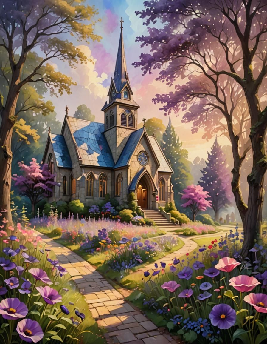 Impressionistic Country Church with Poppy Flower