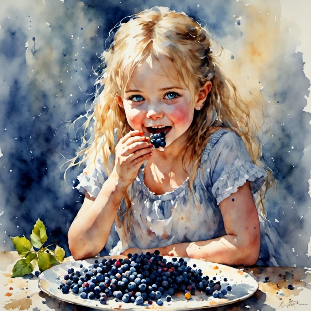 Blonde Child Eating Blueberries in Watercolor Style