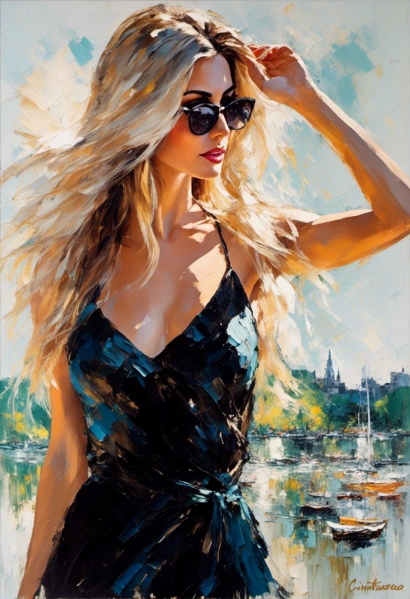 Impressionist Painting of Woman in City Park