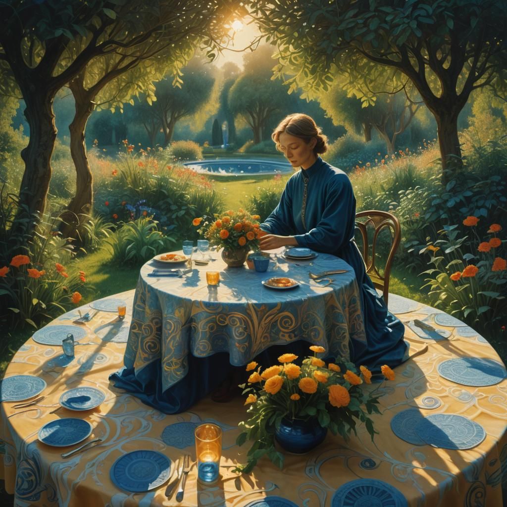 Surreal Garden Dining Scene in Fantasy Art Style