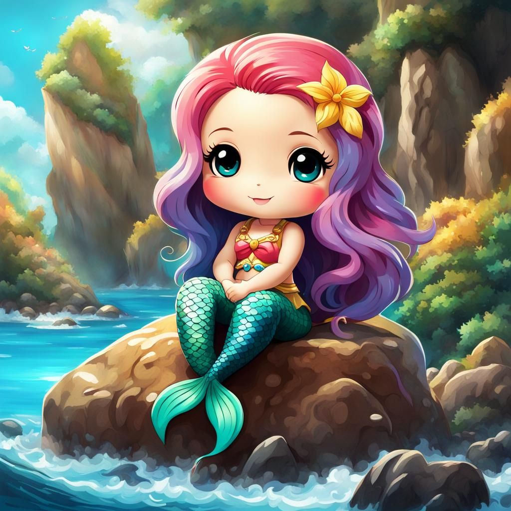 Cheerful Chibi Mermaid on Rock in Anime Style