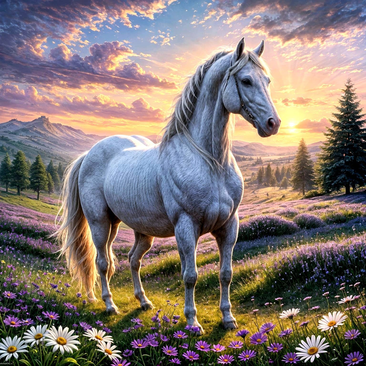 Ethereal Fantasy Horse in Purple Daisy Fields at Sunset