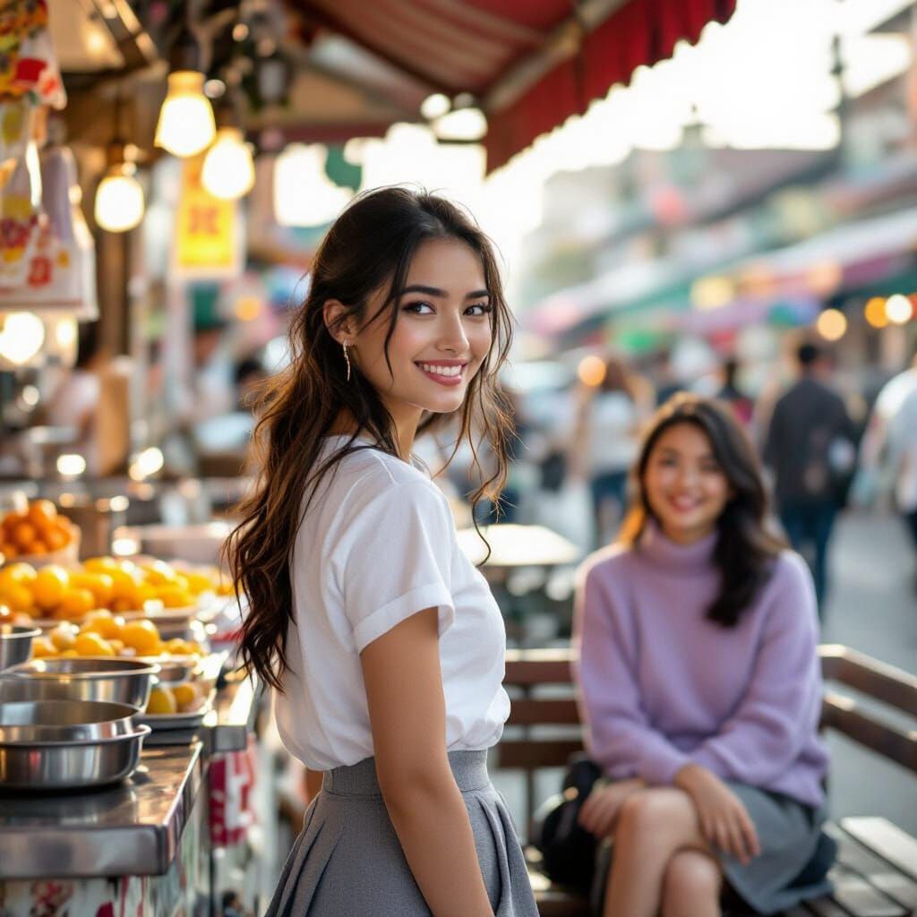 Woman Smiling in Golden Hour Light, Candid Street Photograph...
