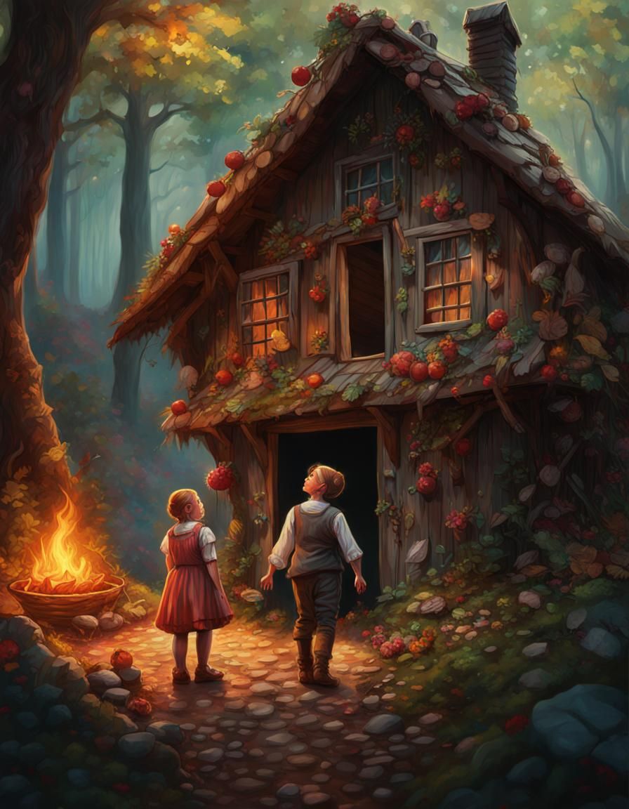 Hansel and Gretel at Witch's Hut: Hyperrealistic Splash Art