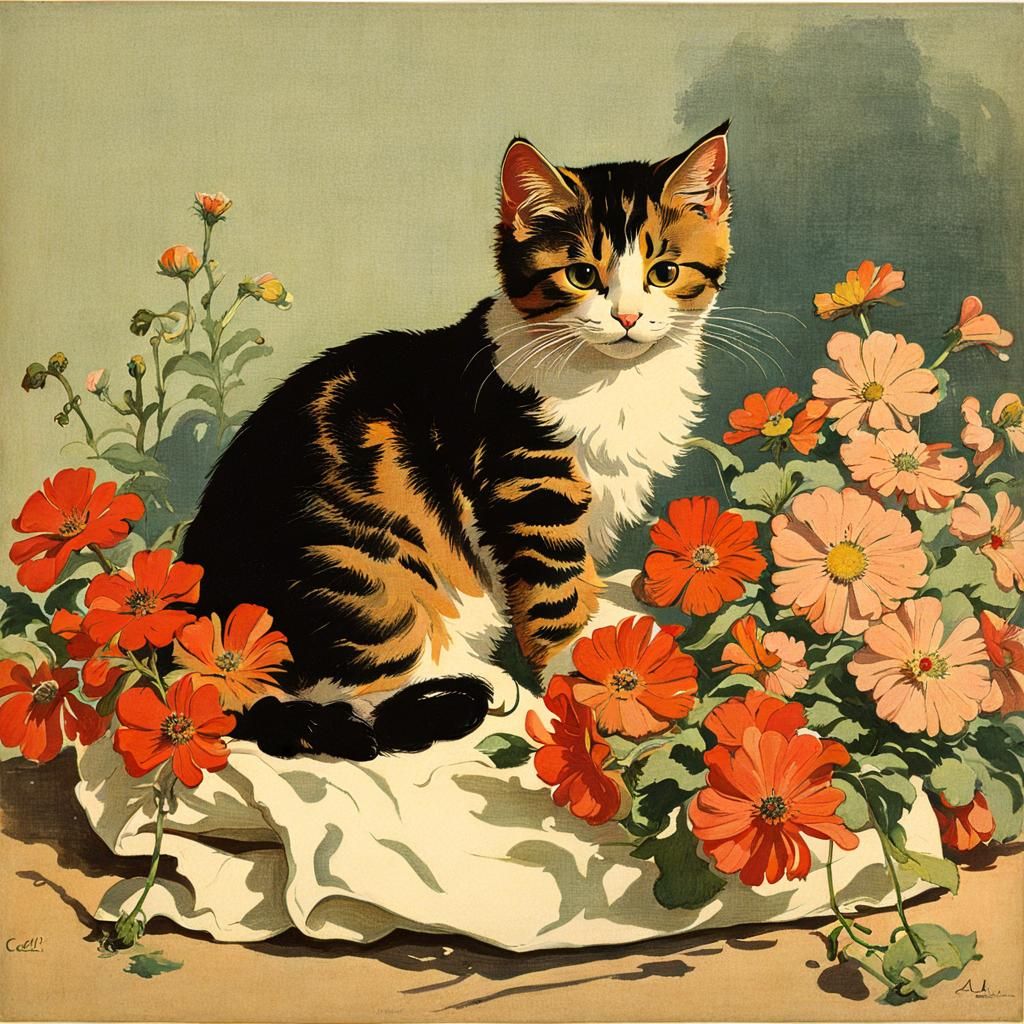 Cute Cat Surrounded by Flowers in Chromolithograph