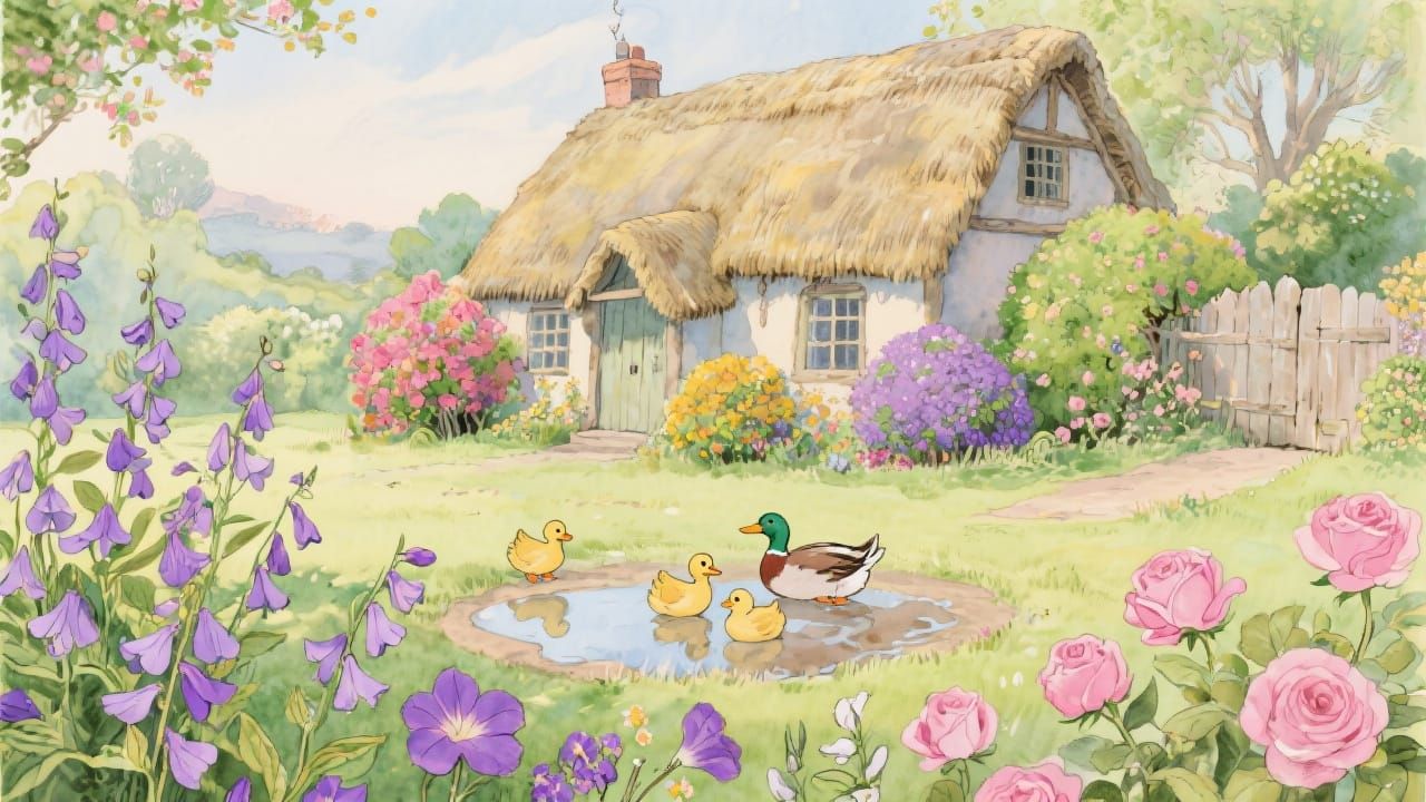 Rustic House with Ducklings in Watercolor Style