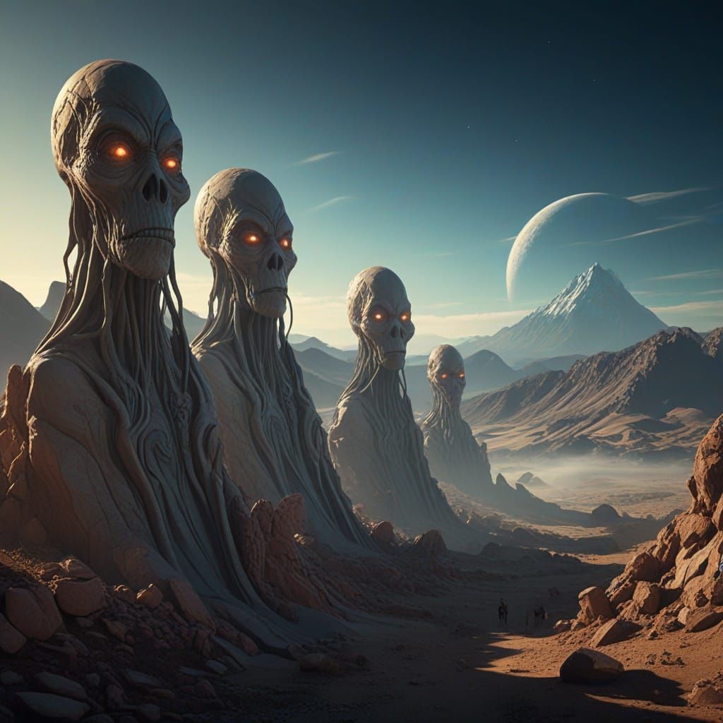 Ethereal Alien Faces Carved into a Futuristic Mountain