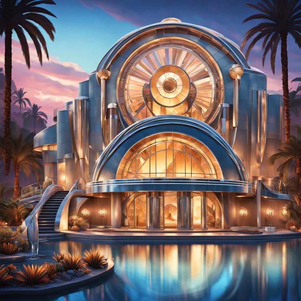 Retro-Futuristic Luxury Hotel Powered by Art Deco Waterwheel