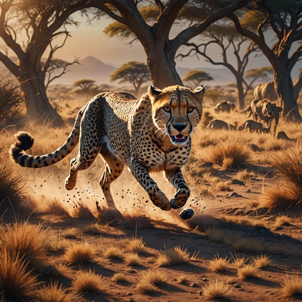 Cheetah Chasing Wildebeest in Golden Light
