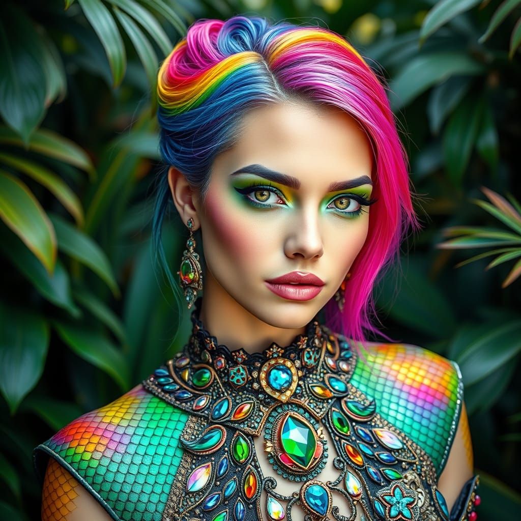 Rainbow Woman in Jungle, Hyperrealistic Digital Art