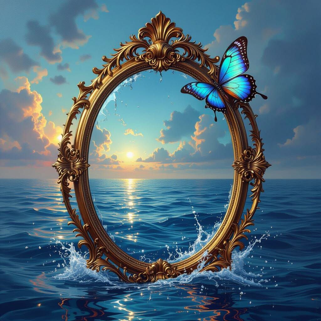 Fantastical Oil Painting of Ornate Mirror Reflecting Ocean