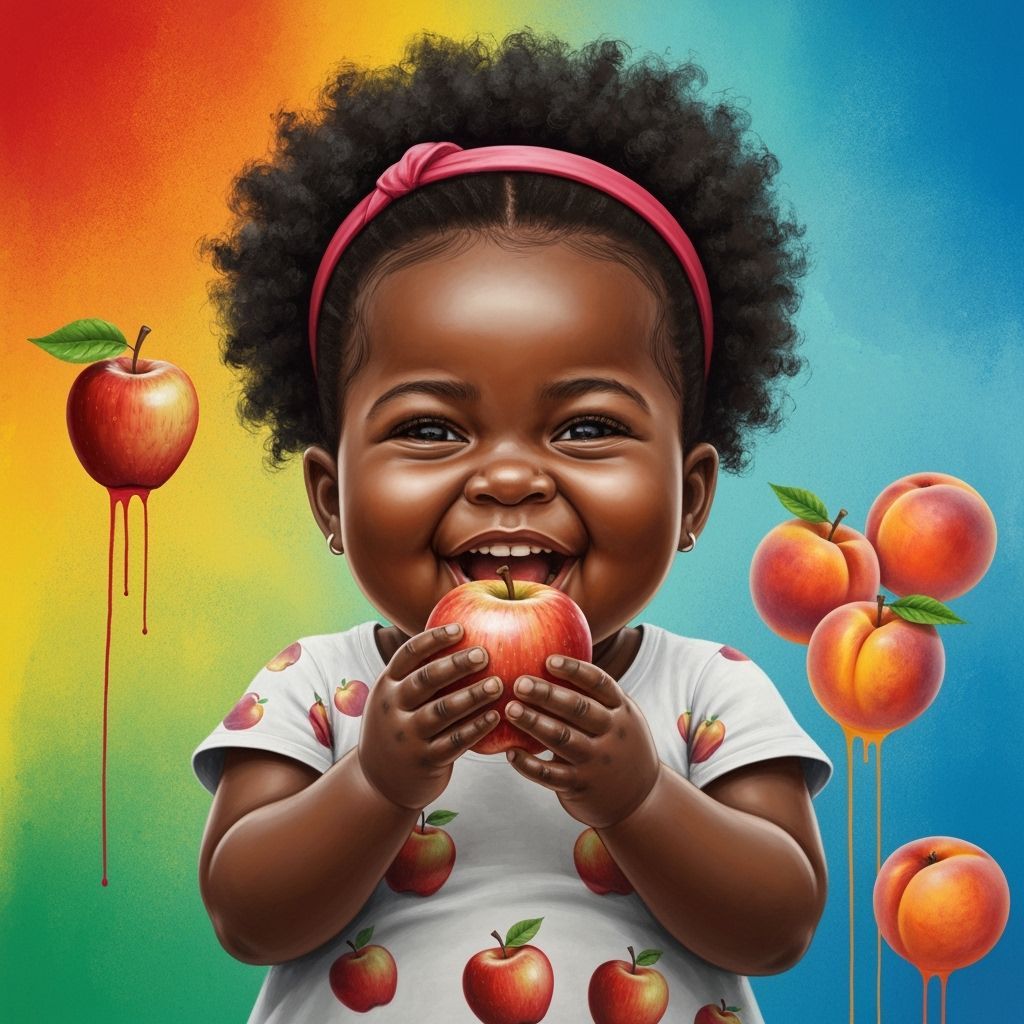 Joyful Girl with Fruit, in Graffiti Style