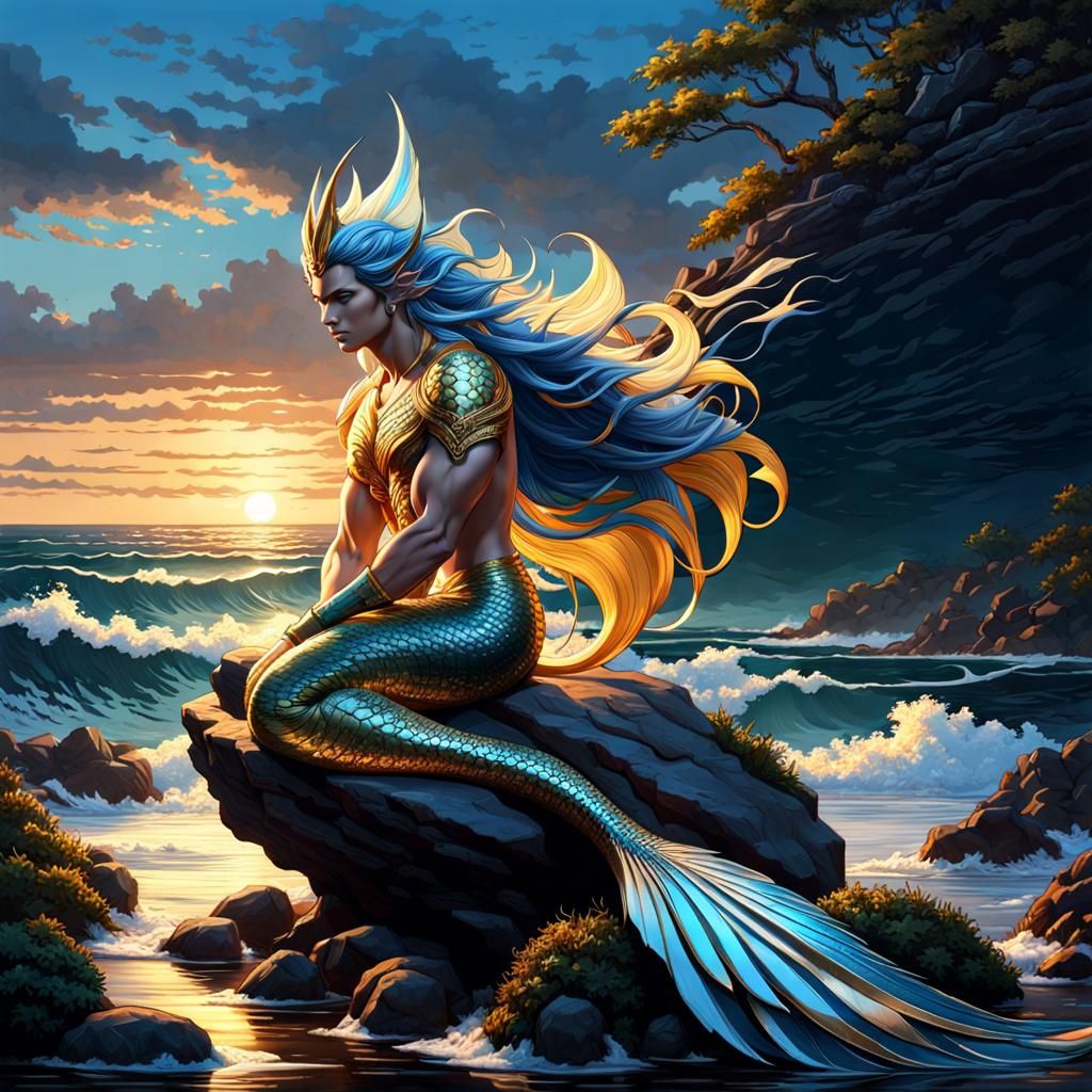 Merman with Golden Hair by Seashore