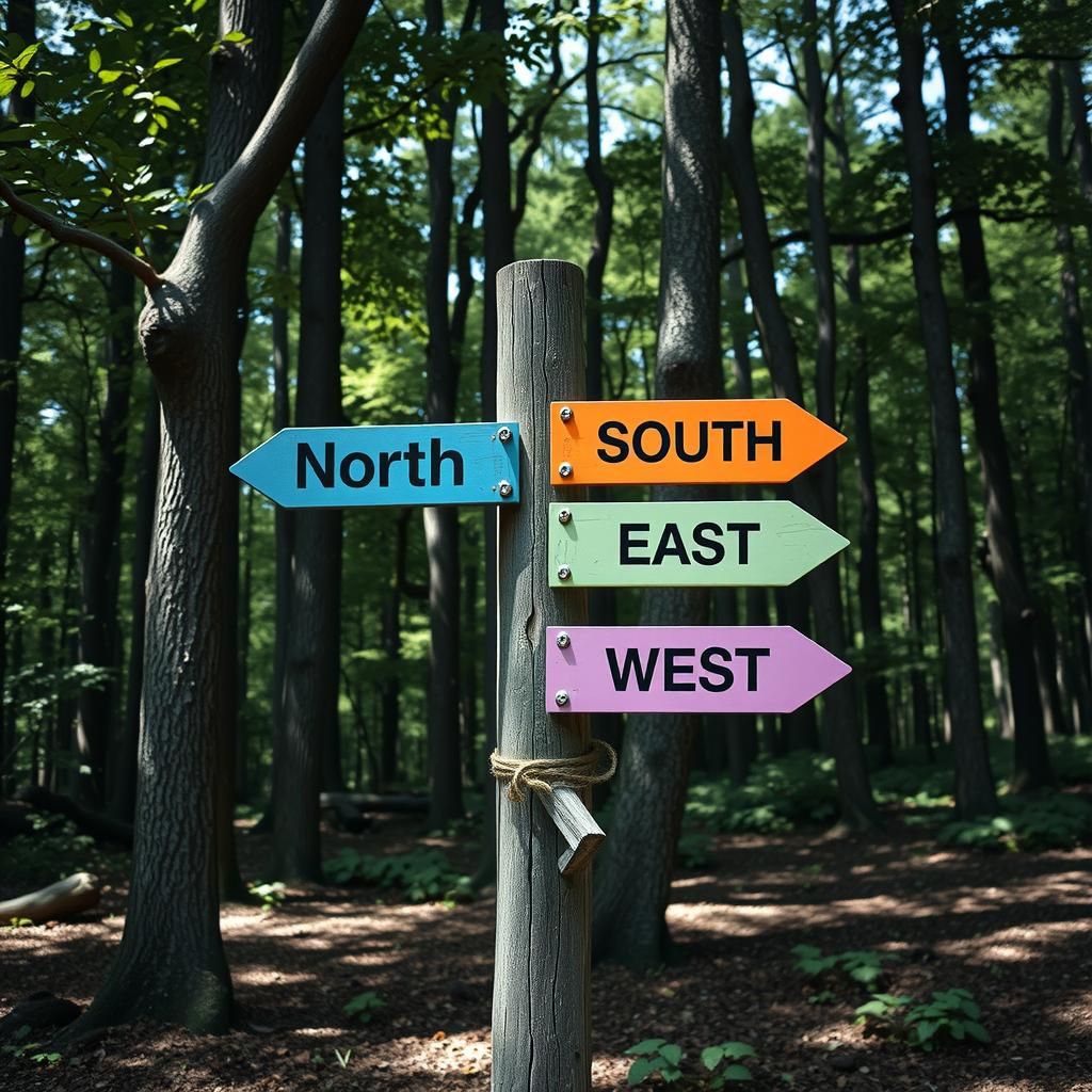 Rustic Signpost in Forest Clearing, Hyper-Realistic Style