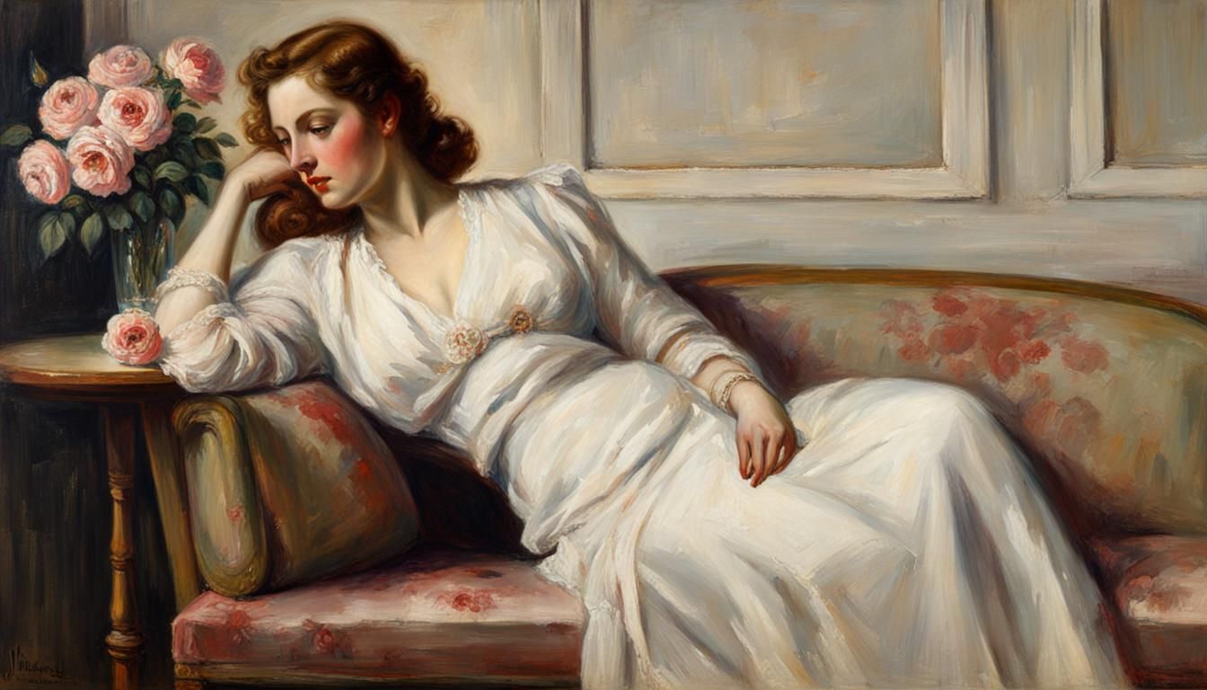 Ethereal Woman in White Dress, Pre-Raphaelite Painting