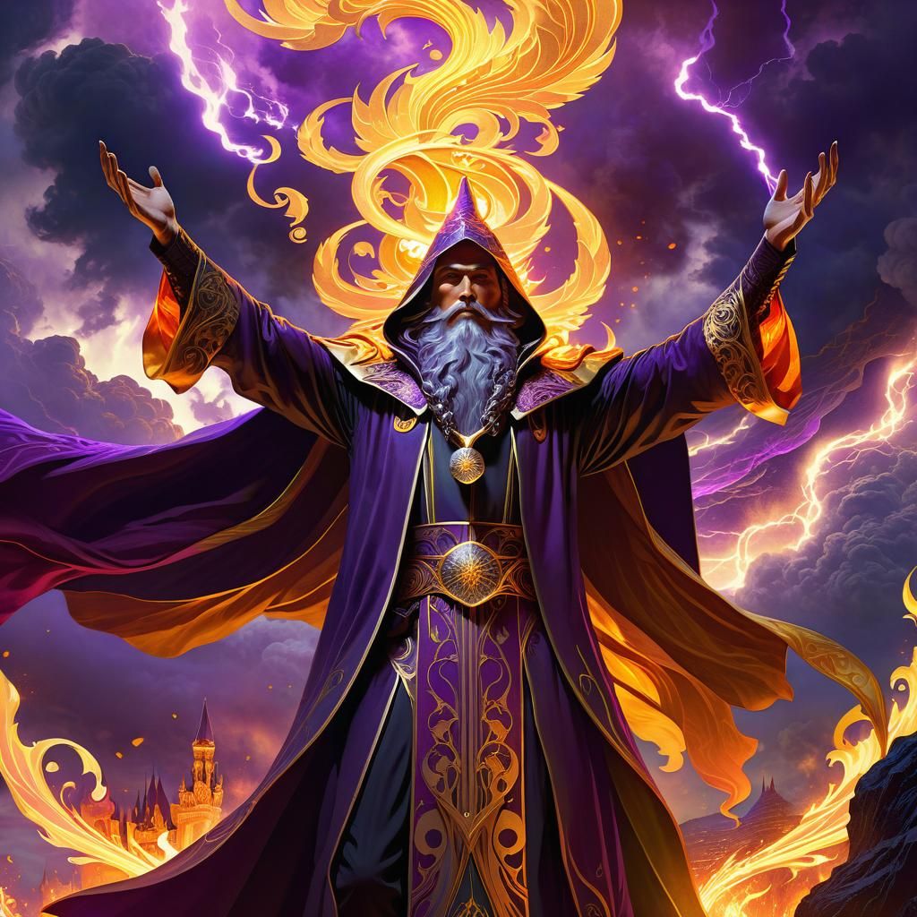 Wizard Reveals Fiery Blaze in Dark Fantasy Art