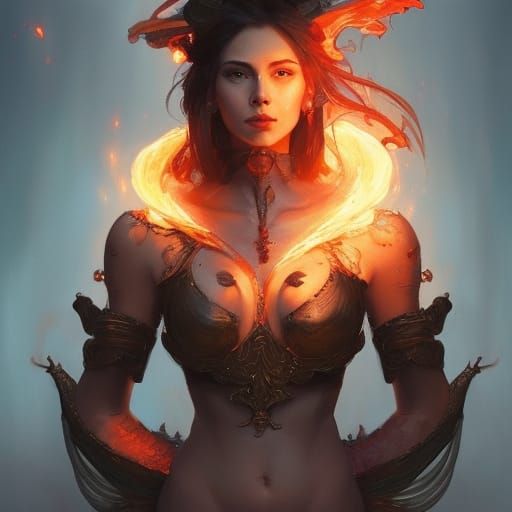 Fiery Woman with Dragon: Artgerm, Mucha Style Portrait
