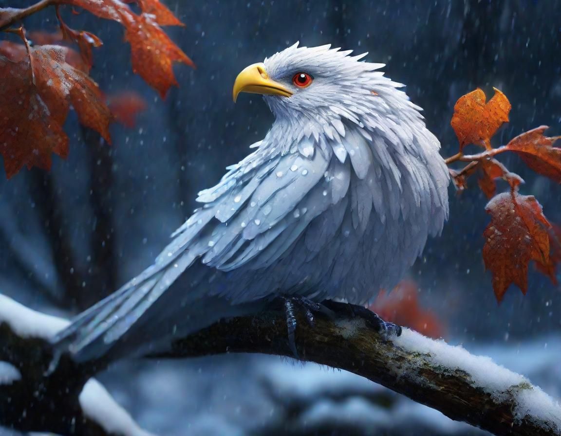 Cute Ice Phoenix Hiding From Rain, Fantasy Art