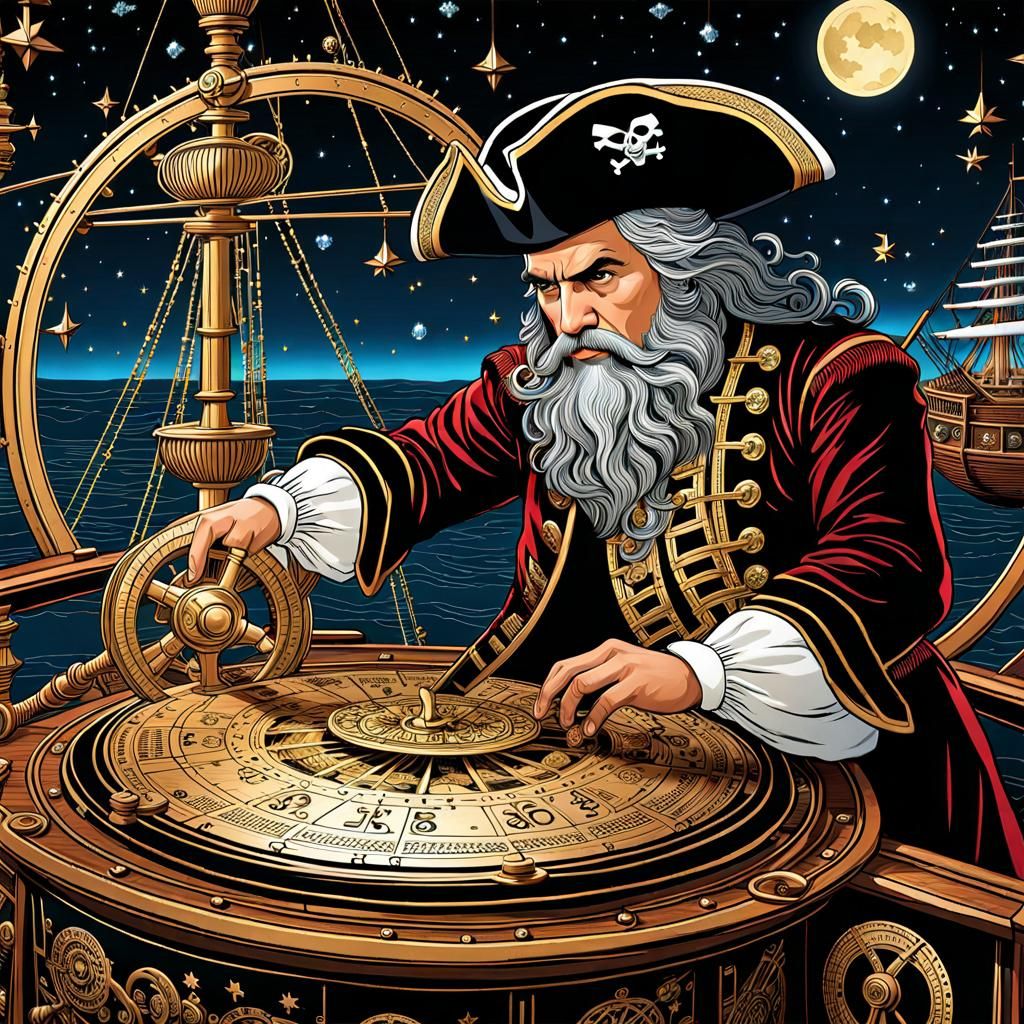 Pirate Navigating by Stars with Astrolabe