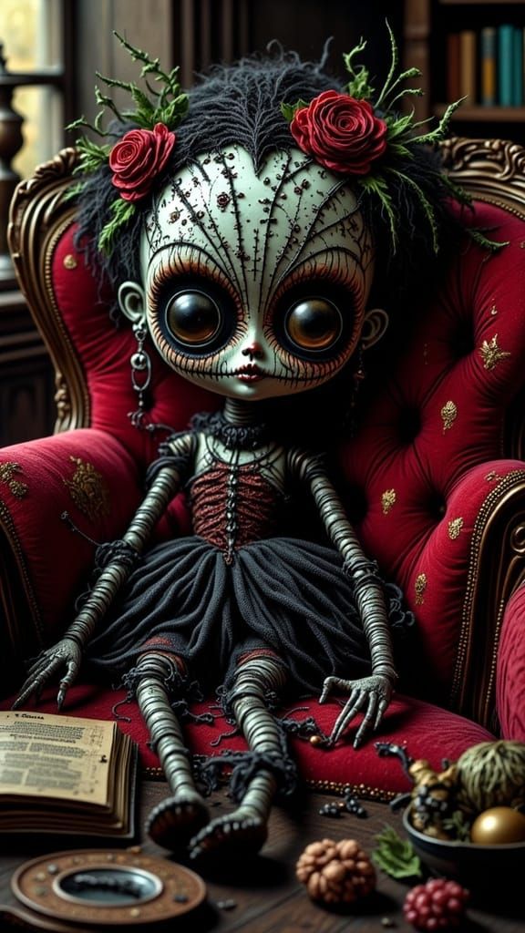 Creepy Voodoo Doll on Velvet Cushion in French Quarter Study