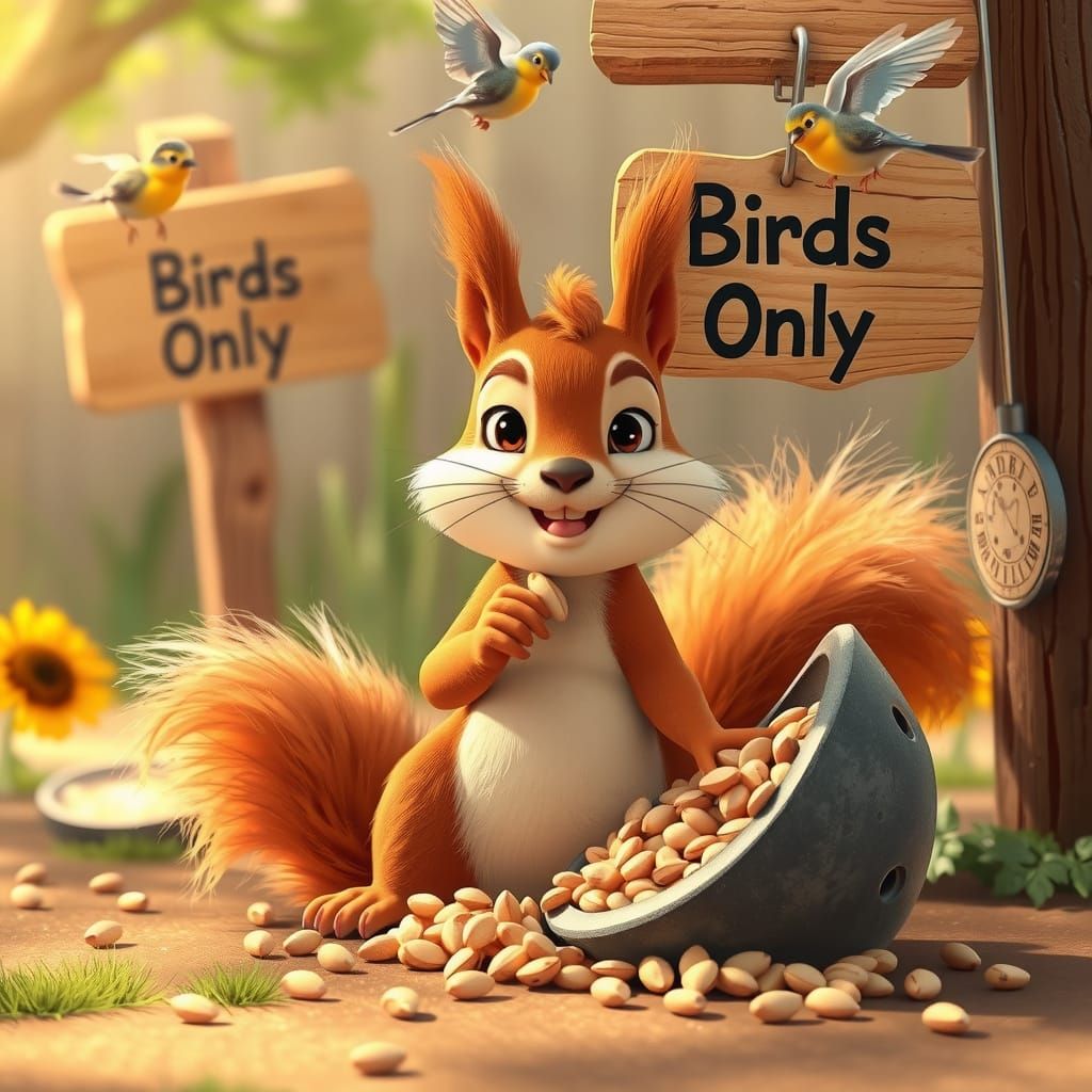 Squirrel Stealing Birdseed: 3D Storybook Illustration