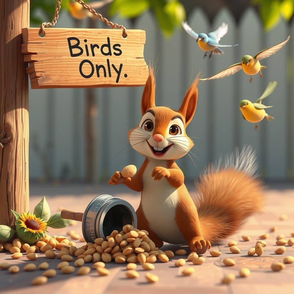 Squirrel Steals from Bird Feeder: 3D Cartoon Illustration