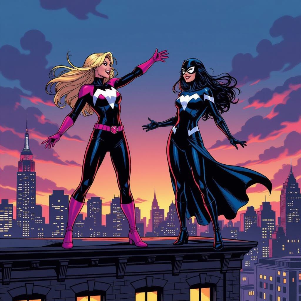 Gwen Stacy and Madam Web in Vibrant Party Attire