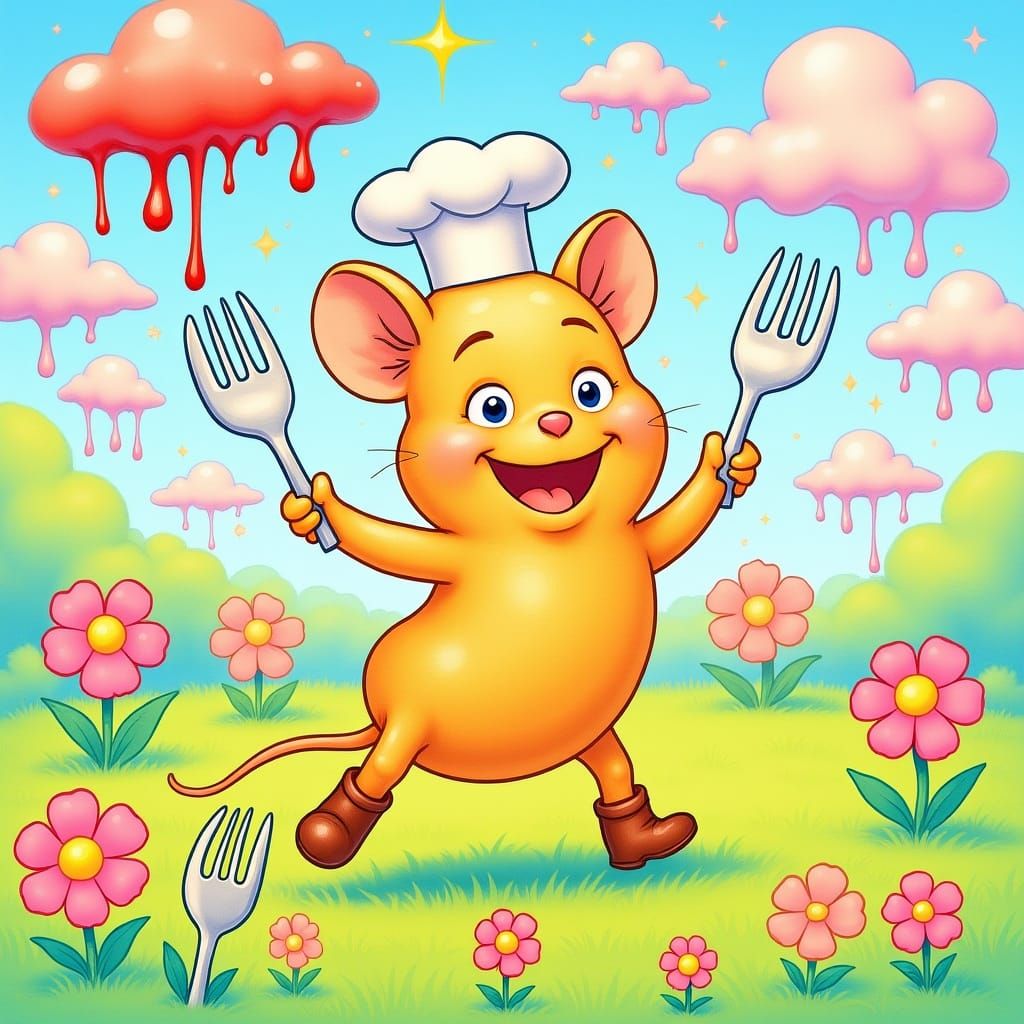 A surreal illustration of a cheerful mouse-headed sausage cr...