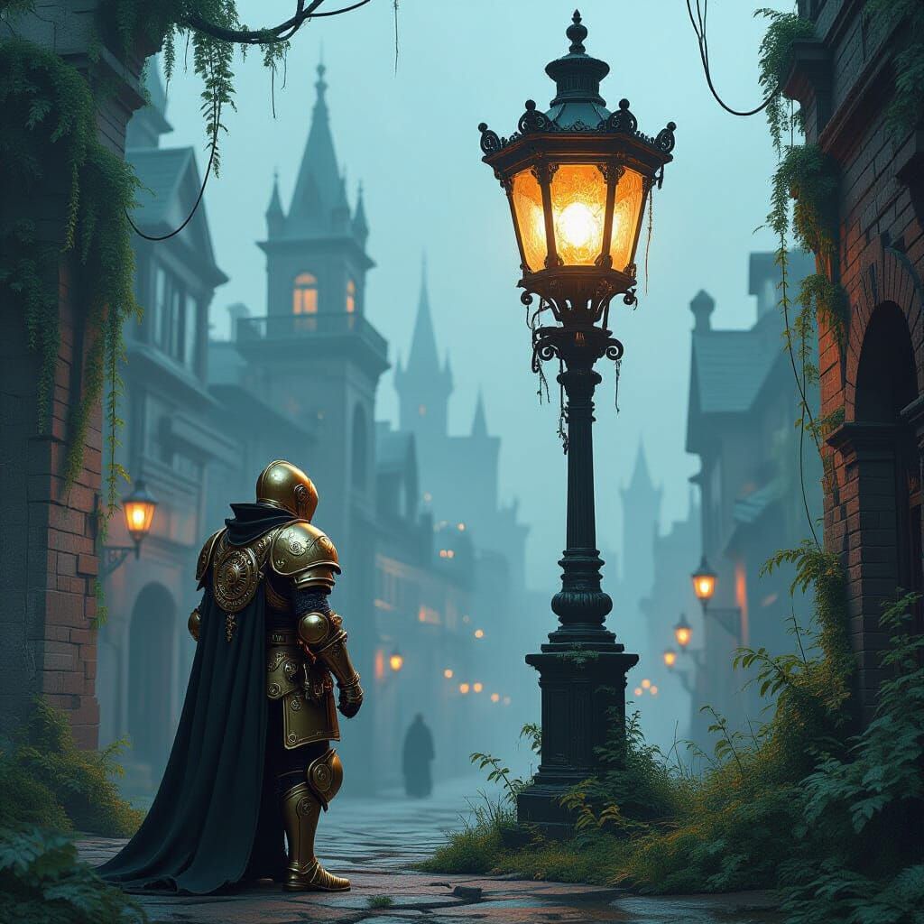 Steampunk Knight Before Overgrown Streetlight