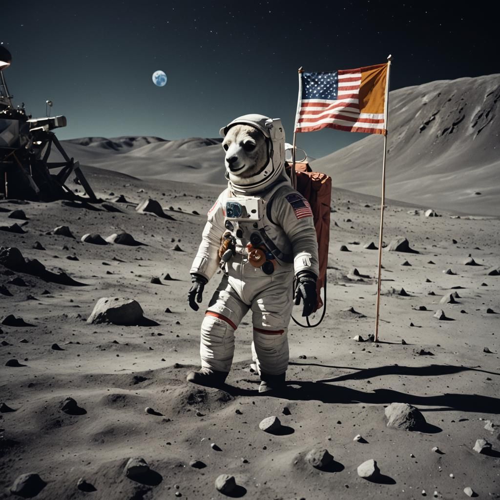 Llama Astronaut on the Moon: Cinematic Film Still